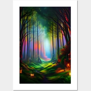 Dreamy Rainbow Colored Forest Trail - Digital AI Art Posters and Art